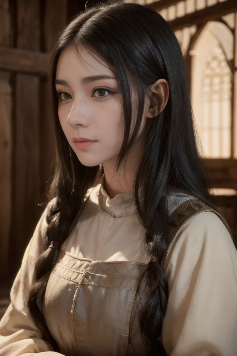 young medieval peasant woman with long black hair, porcelain skin, 8k, medieval city, A beautiful adult woman with a soft face, perfect brown eyes, detailed face, long eyelashes, cinematic photorealistic lighting, (best quality,4k,8k,highres,masterpiece:1.2),ultra-detailed,(realistic,photorealistic,photo-realistic:1.37),cinematic