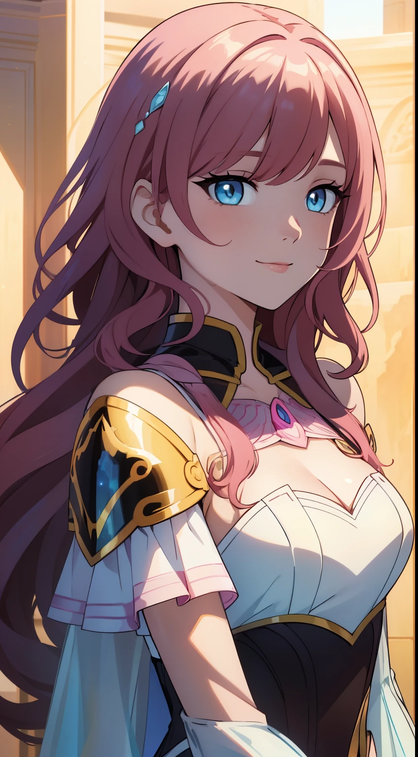 (high-quality, breathtaking),(expressive eyes, perfect face) Symmetrical Eyes, portrait, 1girl, pink and brown hair color, multicolored hair, yellow highlights, bright blue eyes, blue and white armor, black curly hair, wavy hair, bare shoulders, smiling, fantasy armor, Neopolitan RWBY, detached sleeves, long hair length, black shawl