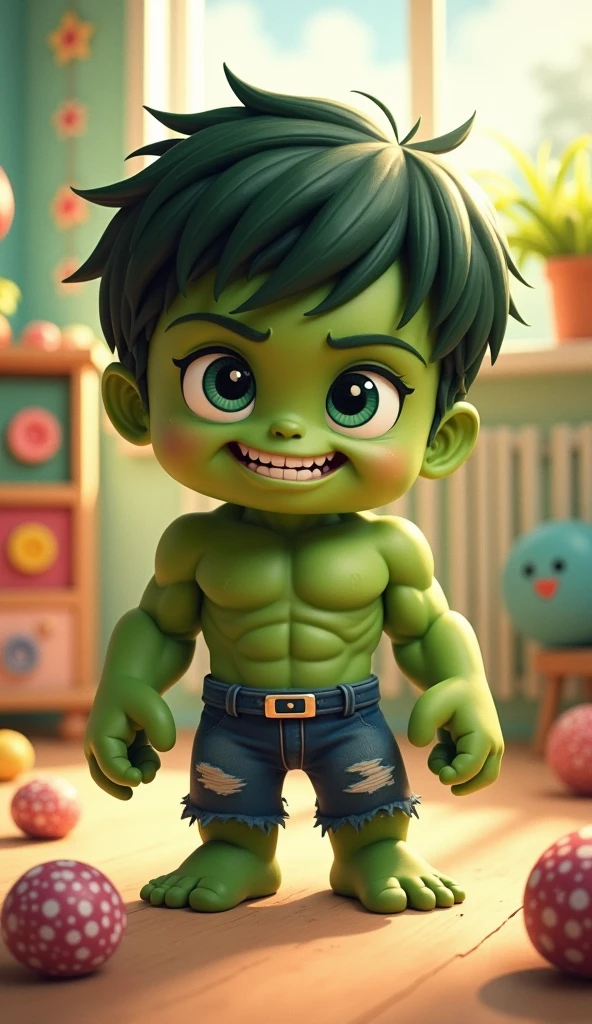 Hulk's head, human body shape, a pair of big shining eyes, face and body facing me, full body photo, Q version cute character