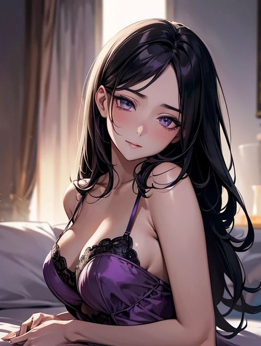 (Best Quality,High resolution,8K,finelity detailed background,Masterpiece:1.2),beautiful girl,Shiny purple hair,messy hair,Purple Eyes,Gentle look,A refreshing look,Best quality,Best Quality,Aesthetic and aesthetic:1.2,Best details((Super detailed))(High-definition CG illustrations),Glamorous grey underwear (gray,intricate lace),Slender body,Daytime,Sunshine,Bedroom,On the bed,smile,blush,cute,Scrounge,Looking up,Being spoiled,super model,wariza,shoot from above