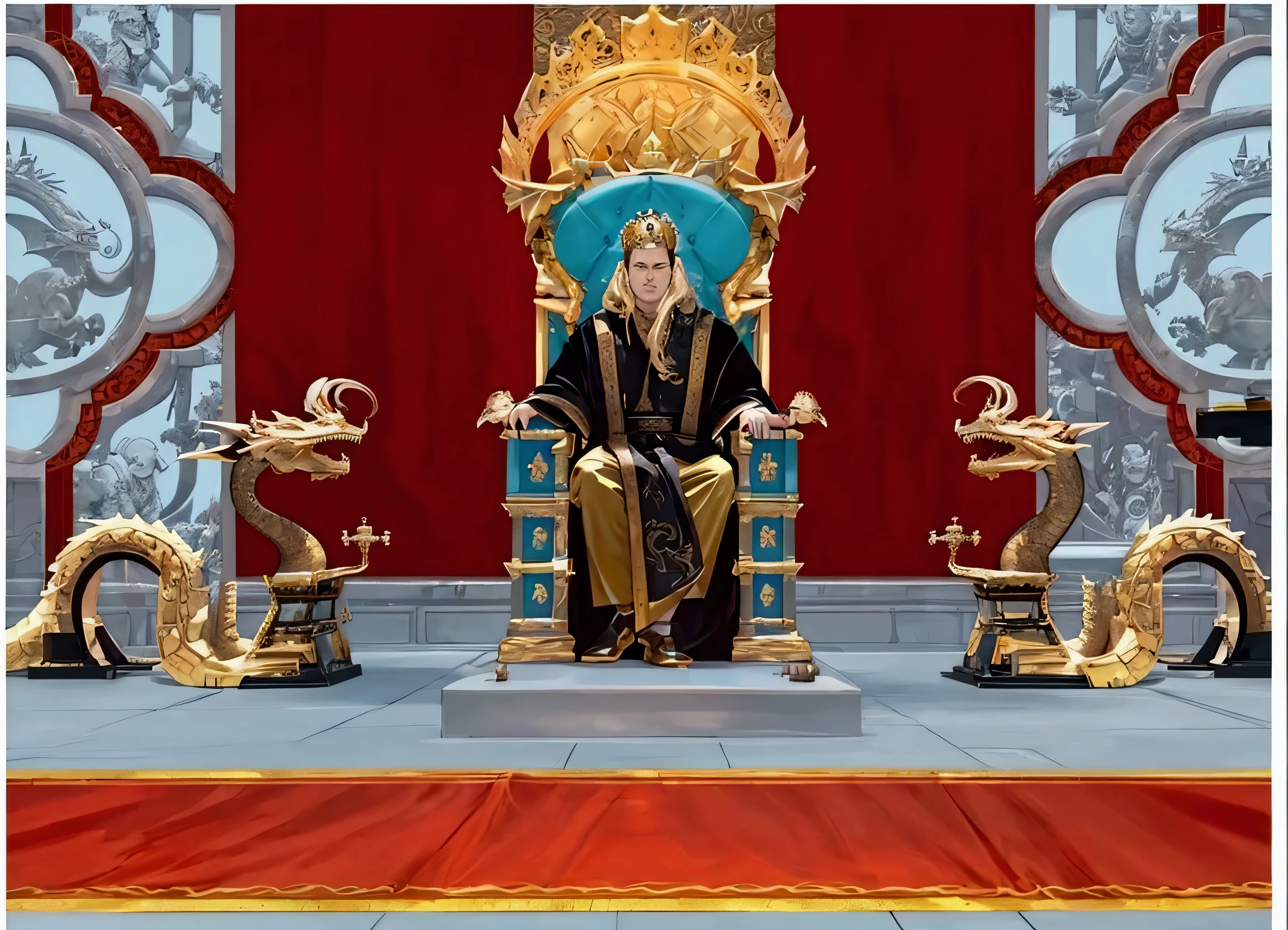 a close up of a person sitting on a throne with dragon statues, in a throne room, sitting on golden throne, sitting on a golden throne, sitting in a gilded throne, decadent throne room, throne room, sitting on his throne, sat in his throne, sit on throne, lord from hell on the throne, sitting on intricate throne, sitting on the throne