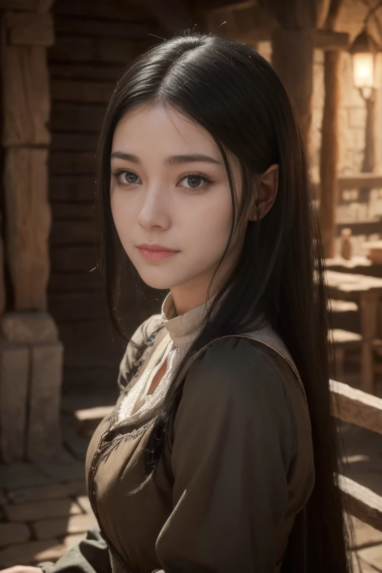 young medieval peasant woman with long black hair, porcelain skin, 8k, medieval city, A beautiful adult woman with a soft face, perfect brown eyes, detailed face, long eyelashes, cinematic photorealistic lighting, (best quality,4k,8k,highres,masterpiece:1.2),ultra-detailed,(realistic,photorealistic,photo-realistic:1.37),cinematic