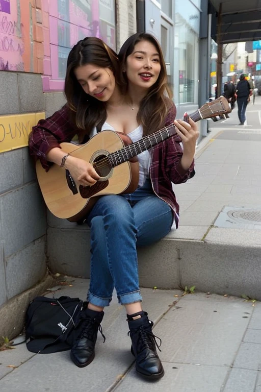 there are two women sitting on the sidewalk playing guitar, mujeres  playing the guitar, On a sidewalk in Vancouver , on a street,  Photo from a promotional shoot , on the sidewalk, posing on a city street,  in an urban environment , improvising with music, Singer-songwriter, carrying a guitar, on the street,  on the street,  on the street,  playing the guitar