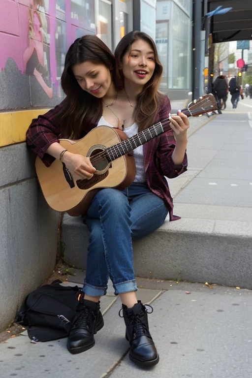 there are two women sitting on the sidewalk playing guitar, mujeres  playing the guitar, On a sidewalk in Vancouver , on a street,  Photo from a promotional shoot , on the sidewalk, posing on a city street,  in an urban environment , improvising with music, Singer-songwriter, carrying a guitar, on the street,  on the street,  on the street,  playing the guitar