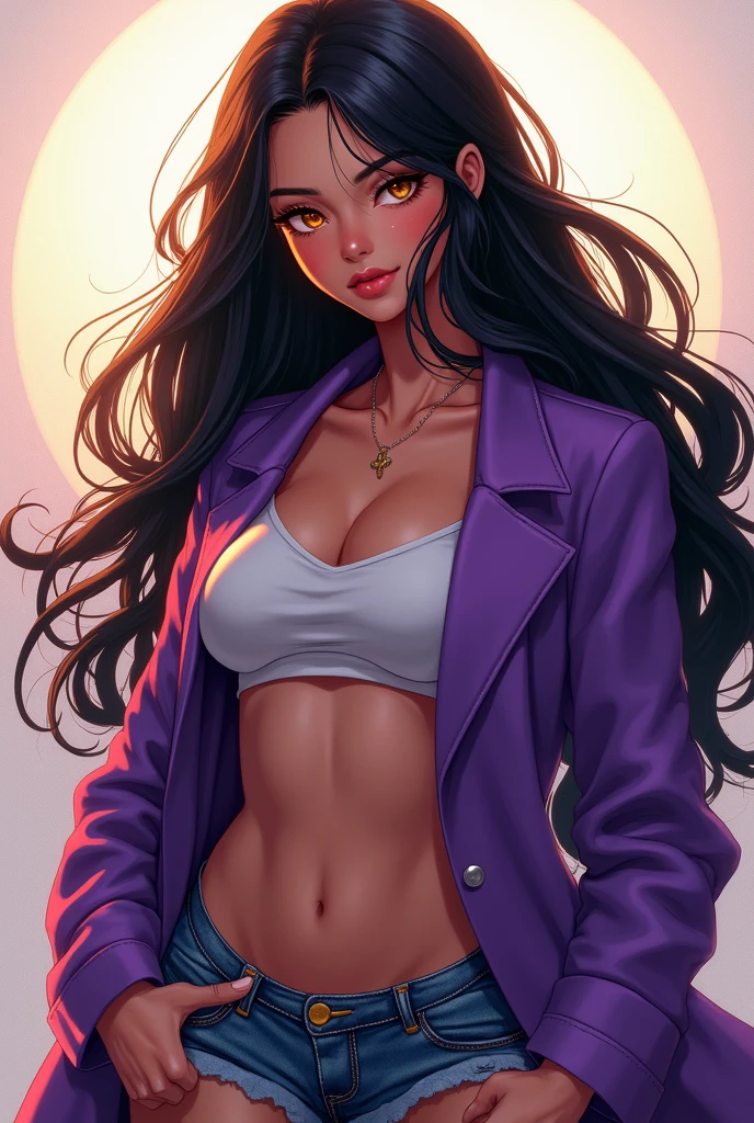 (masterpiece),(best quality), hair over right eye, looking at the viewer, thin body, dynamic poses, (medium breasts:1.3), young girl, 8k,(summer sunny day:1.3), (seductive body details:1.3), long dark purple hair, purple eyes, seductive light smile, shy, (skinny and slender legs), big eyes, (windy day:1.3), (high and sharp breasts:1.3), (realistic style), full body shot, (burn scar on the right side of the face:1.3), (burn scar on the right side of the body:1.3), (clear left side of the body:1.2), (megane:1.2), (slim waist), ((narrow hips)), perfect medium breast, curvy, denim seductive suit, naked jacket, thight microshorts, (crop thight jacket:1.2)