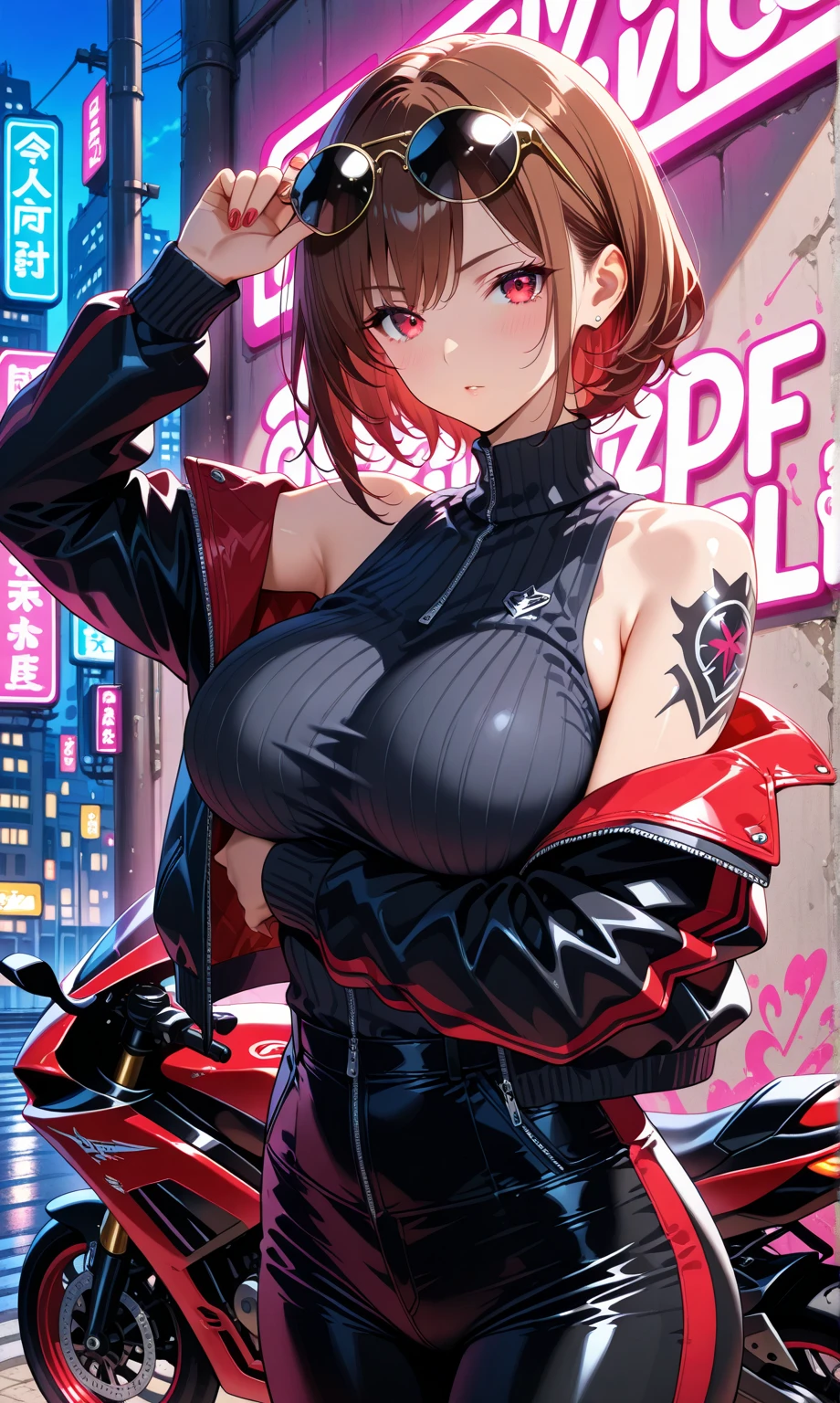 1girl,solo,breast,short hair,brown hair,red eyes,circular sunglasses,arm under breast other hand holding cigarettes,arm up,standing, stylish, shoulder skin,off shoulder, sexy,dark sweater, long sleeves,motorbikes jacket,dimly lit alleyway ,night with neon signs and graffiti covered wall,edgy and rebellious,masterpiece,best quality, absurdres,