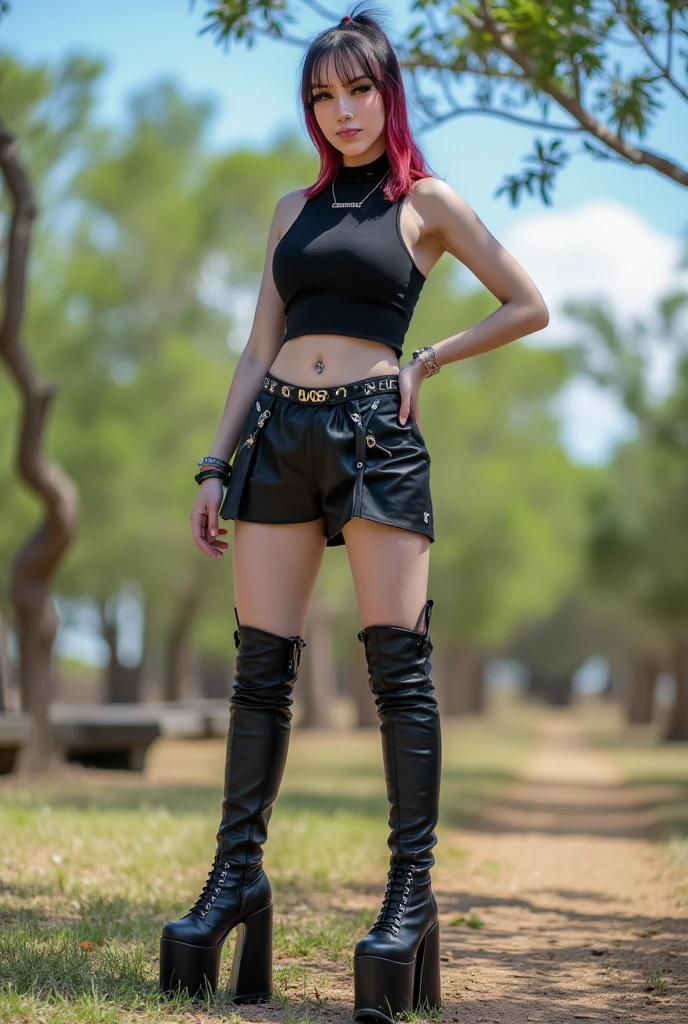 kat, goth girl, egirl, slut, slutty, 1girl, solo, jewelry, necklace, navel, breasts, midriff, realistic, outdoors, belt, selfie, crop top, high heels, very high platform boots, Extremely High Heels, Very High Shoes.
The image is a high-resolution photograph of a young woman standing outdoors on a sunny day. She has a light skin tone and long, voluminous hair with auburn roots and dark brown ends, styled in a messy, tousled look with bangs. She has prominent facial features, including a septum piercing, a nose ring, and a lip ring. Her makeup is bold, featuring dark eyeliner and mascara, and she has a subtle highlight on her cheeks.