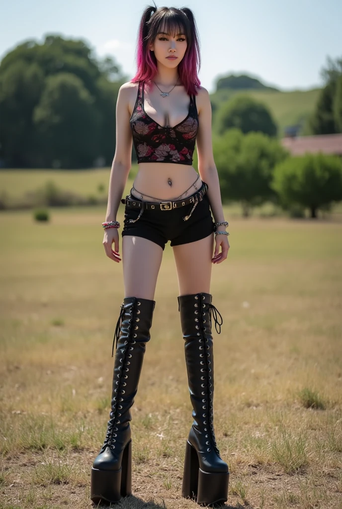 kat, goth girl, egirl, slut, slutty, 1girl, solo, jewelry, necklace, navel, breasts, midriff, realistic, outdoors, belt, selfie, crop top, high heels, very high platform boots, Extremely High Heels, Very High Shoes.
The image is a high-resolution photograph of a young woman standing outdoors on a sunny day. She has a light skin tone and long, voluminous hair with auburn roots and dark brown ends, styled in a messy, tousled look with bangs. She has prominent facial features, including a septum piercing, a nose ring, and a lip ring. Her makeup is bold, featuring dark eyeliner and mascara, and she has a subtle highlight on her cheeks.