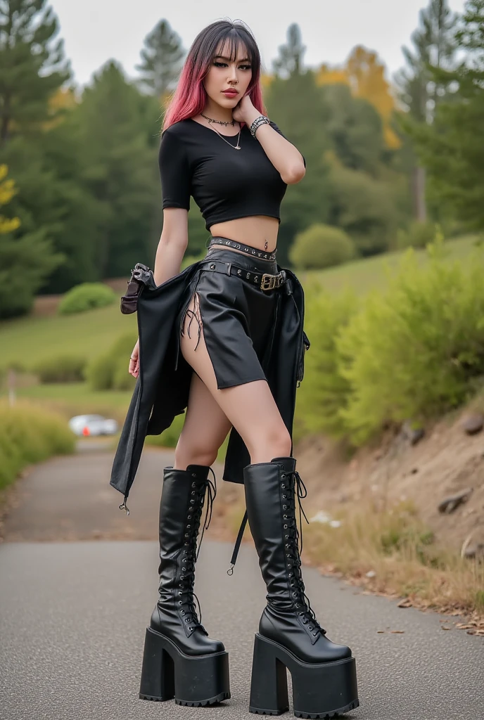 kat, goth girl, egirl, slut, slutty, 1girl, solo, jewelry, necklace, navel, breasts, midriff, realistic, outdoors, belt, selfie, crop top, high heels, very high platform boots, Extremely High Heels, Very High Shoes.
The image is a high-resolution photograph of a young woman standing outdoors on a sunny day. She has a light skin tone and long, voluminous hair with auburn roots and dark brown ends, styled in a messy, tousled look with bangs. She has prominent facial features, including a septum piercing, a nose ring, and a lip ring. Her makeup is bold, featuring dark eyeliner and mascara, and she has a subtle highlight on her cheeks.