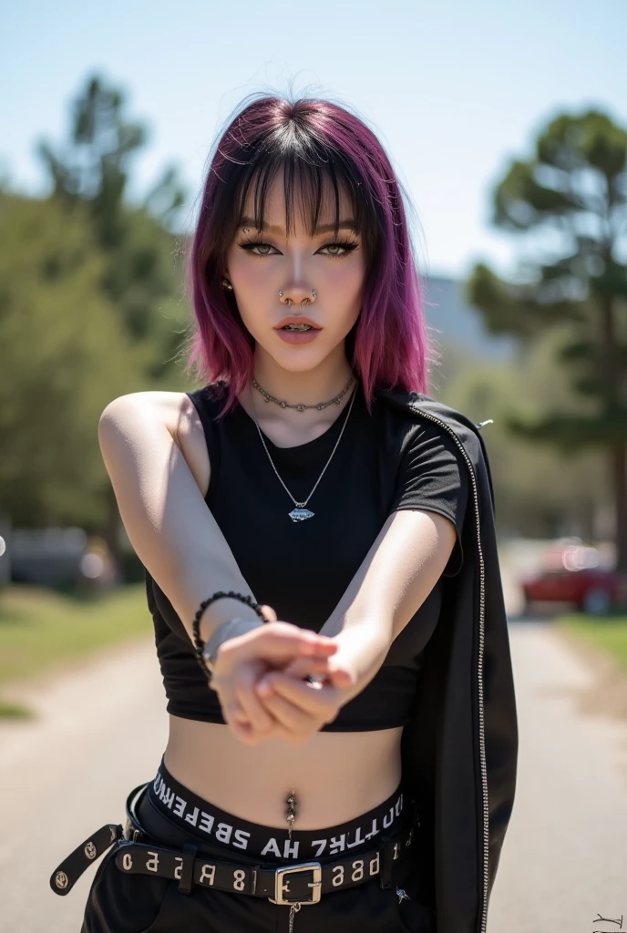 kat, goth girl, egirl, slut, slutty, 1girl, solo, jewelry, necklace, navel, breasts, midriff, realistic, outdoors, belt, selfie, crop top, high heels, very high platform boots, Extremely High Heels, Very High Shoes.
The image is a high-resolution photograph of a young woman standing outdoors on a sunny day. She has a light skin tone and long, voluminous hair with auburn roots and dark brown ends, styled in a messy, tousled look with bangs. She has prominent facial features, including a septum piercing, a nose ring, and a lip ring. Her makeup is bold, featuring dark eyeliner and mascara, and she has a subtle highlight on her cheeks.