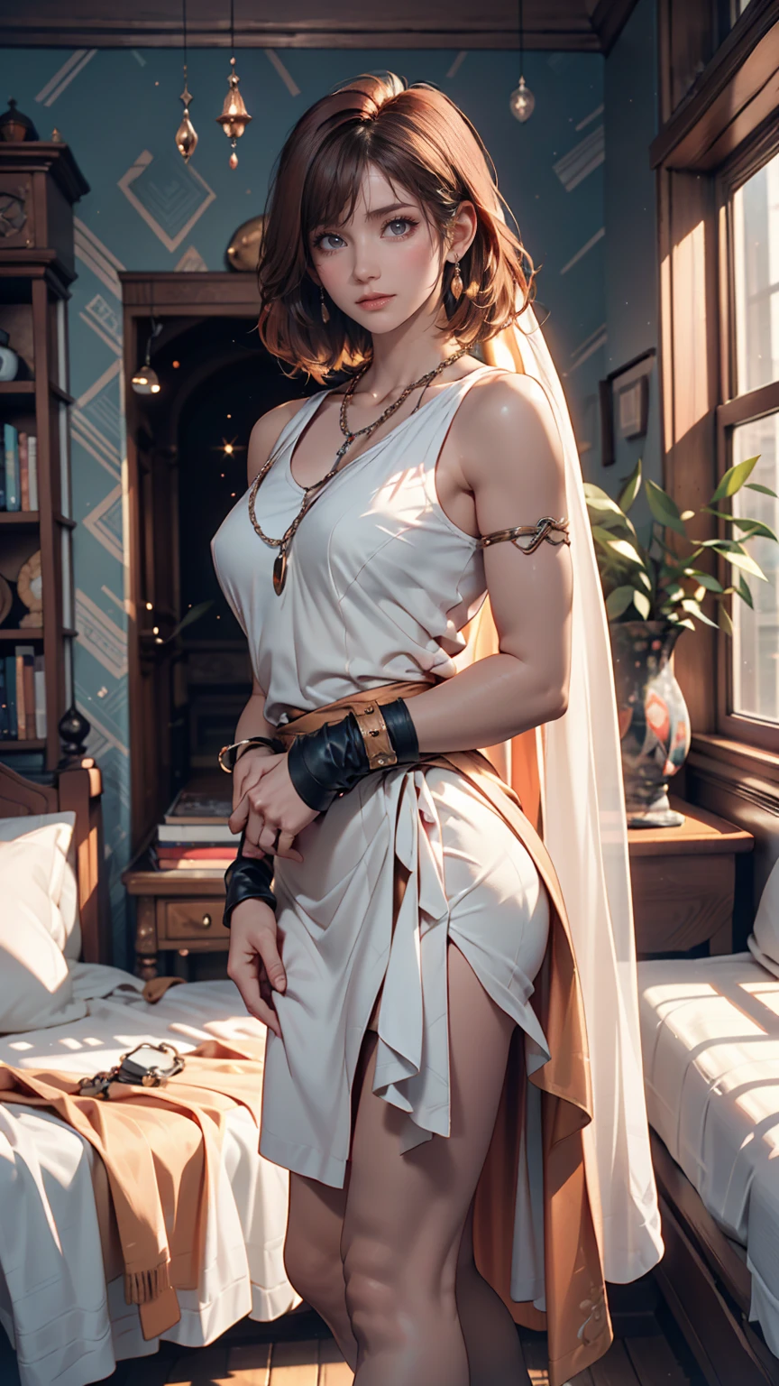 Kasumi, brown eyes, Red Hair, (best quality, ultra detail), (realistic:1.37), beautiful and detailed face, ultra-realistic texture, Delicate face, delicate body, red lipstick, bright colors. high definition, 8K. a soft, beautiful smile