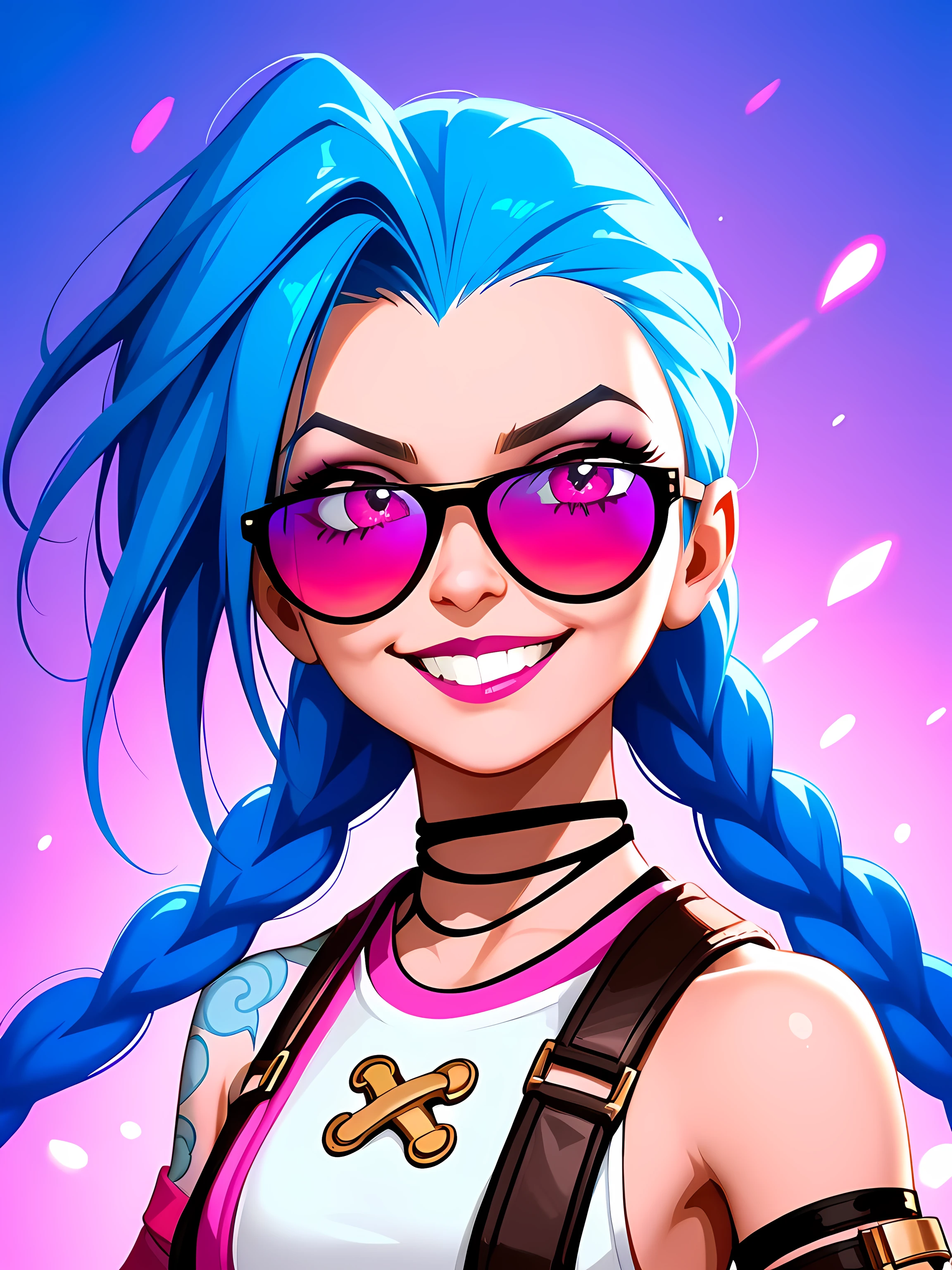 score_9, score_8_up, (masterpiece:1.3), (best quality:1.3), (Ultra HD:1.3), vibrant Pop Art illustration, close-up of Jinx from League of Legends, dynamic composition, colorful sunglasses, detailed tattoos on arms, (model pose:1.3), mischievous smirk, flowing blue hair with pink highlights, animated illustration style, bold outlines, vivid neon colors, gradient effects, high-contrast lighting, comic book texture, color inkjet style, "JINX" text in bold graffiti font.