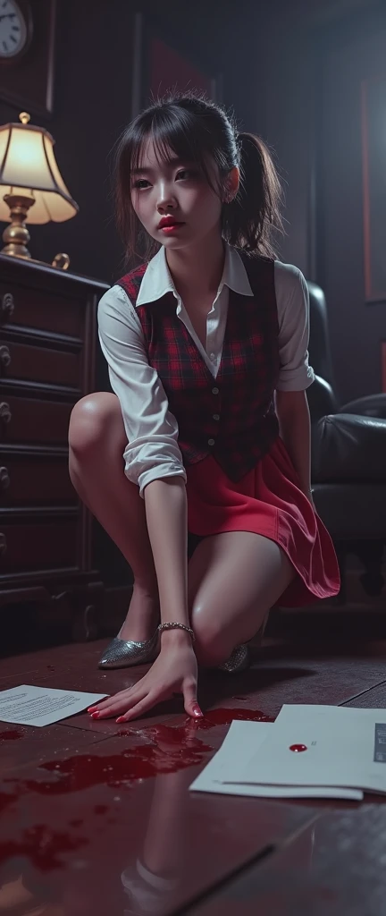 peeing in satin cheerleading uniform sitting in wooden chair taking exam, brown long hair, (8k, best resolution, highly detailed, view side), (satin short pleated cheer skirt: 1.8) (thick satin red button from halter top:1.5) (white satin short pleated skirt: 1.5), sad, crying, embarrassed with mouth open, worried with eyes wide open, can't wait to pee, forced to pee in skirt while sitting in wooden desk chair, forced to sit in puddle on chair, (girl peeing herself:1.8), (girl leaking pee: 1.5), (steam punk combat boots: 1.4), sitting in wooden desk chair waiting for bathroom, (sitting in puddle of pee on chair: 1.5), (large size breast:1.8), crossed legs, hands between legs