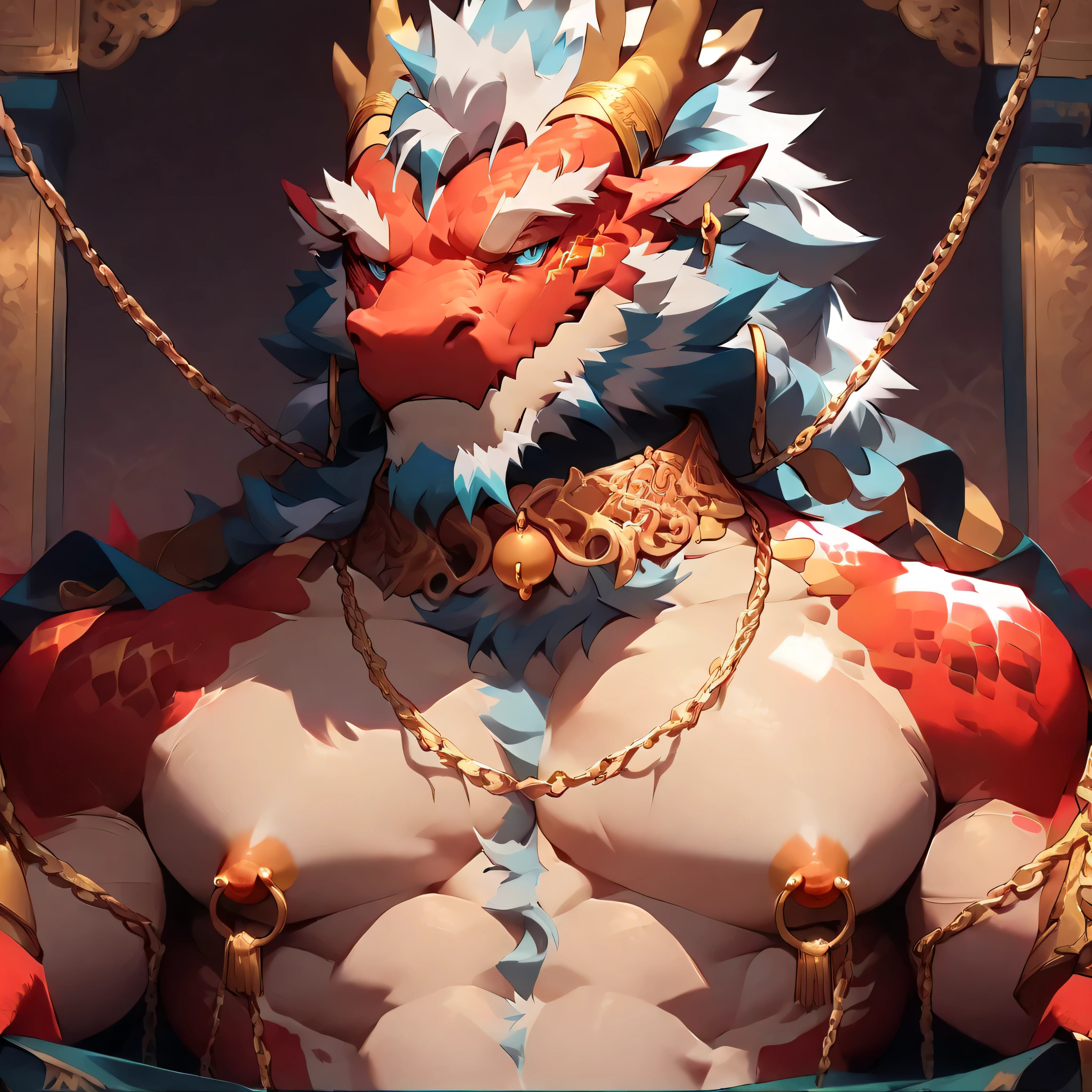 ### Main Character (High Priority)
(Eastern Dragon Furry:1.8), muscular mature male, masterpiece, (half body portrait:1.4)

### Accessories (High Priority)
(ornate golden collar:1.6), (golden nipple rings:1.6), (gold chains connecting collar and rings:1.6), (bare chest:1.4)

### Dragon Features
(red scales:1.8), white belly scales, blue eyes, antlers, gray mane

### Background
solid color background