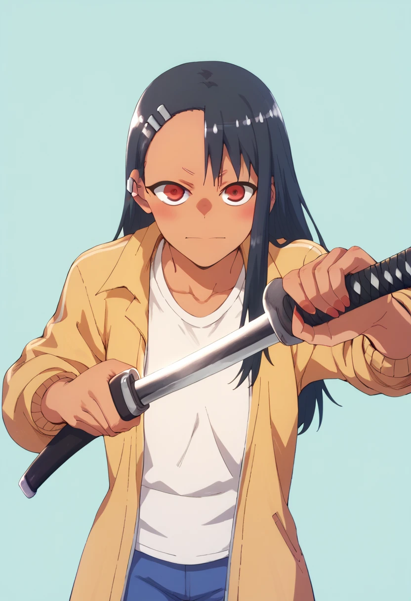 Nagatoro: holding a knife, with an evil face , usando uma saia curta. 