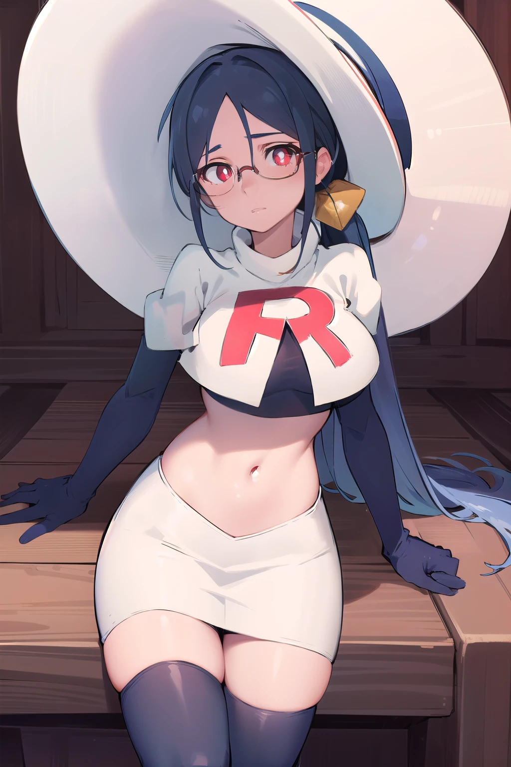 ((best quality)), ((highly detailed)), masterpiece, absurdres, (detailed eyes, deep eyes), (1girl), urca, blue hair, side ponytail, red eyes, white pupils, glasses, breasts, witch hat, team rocket,team rocket uniform,white skirt,red letter R,crop top,black thigh-highs,black elbow gloves,