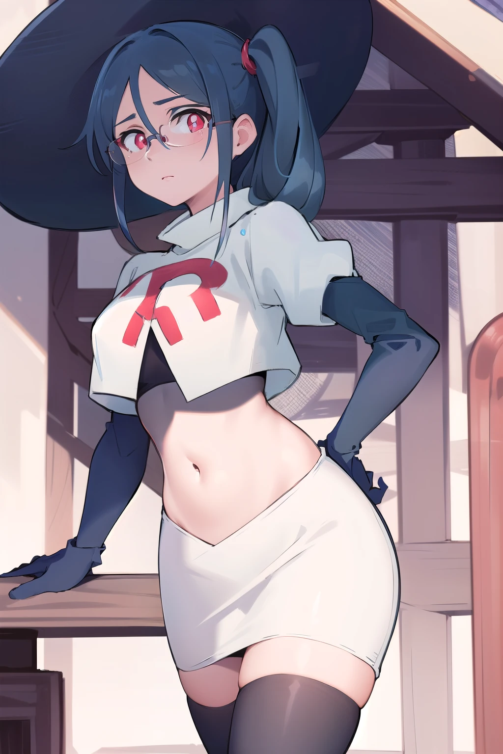 ((best quality)), ((highly detailed)), masterpiece, absurdres, (detailed eyes, deep eyes), (1girl), urca, blue hair, side ponytail, red eyes, white pupils, glasses, breasts, witch hat, team rocket,team rocket uniform,white skirt,red letter R,crop top,black thigh-highs,black elbow gloves,