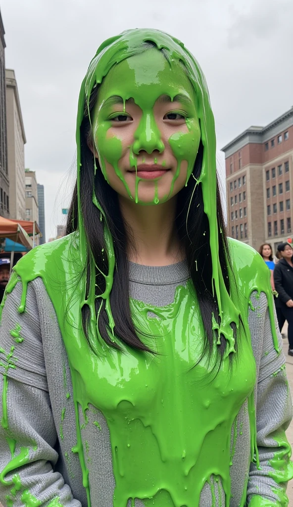 Photograph of typical Korean girl covered in dripping green custard. Wearing Gray sweater dress. f/1.4 aperture. hyper-realistic style. Korean girl. black hair. Slime. Telephoto lens. 8k. Masterpiece. New York city in background.