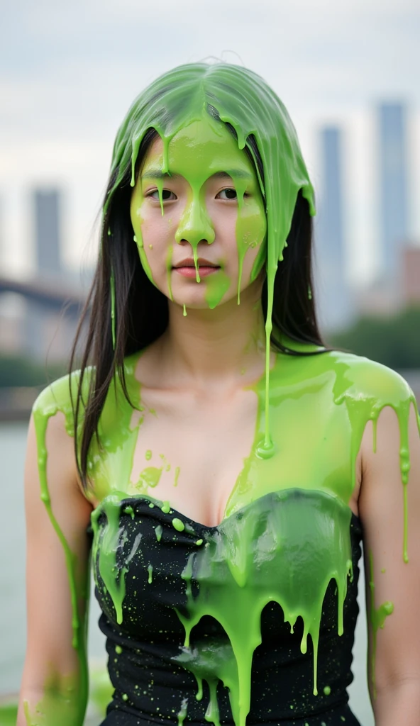 (masterpiece, best quality:1.2), 21yo asian woman, beautiful eyes, delicate face, wearing white tank top, cleavage, she is covered in dripping green goo, thick sludge, dripping green slime, photorealistic, hyper realism, extremely detailed, portrait photograph