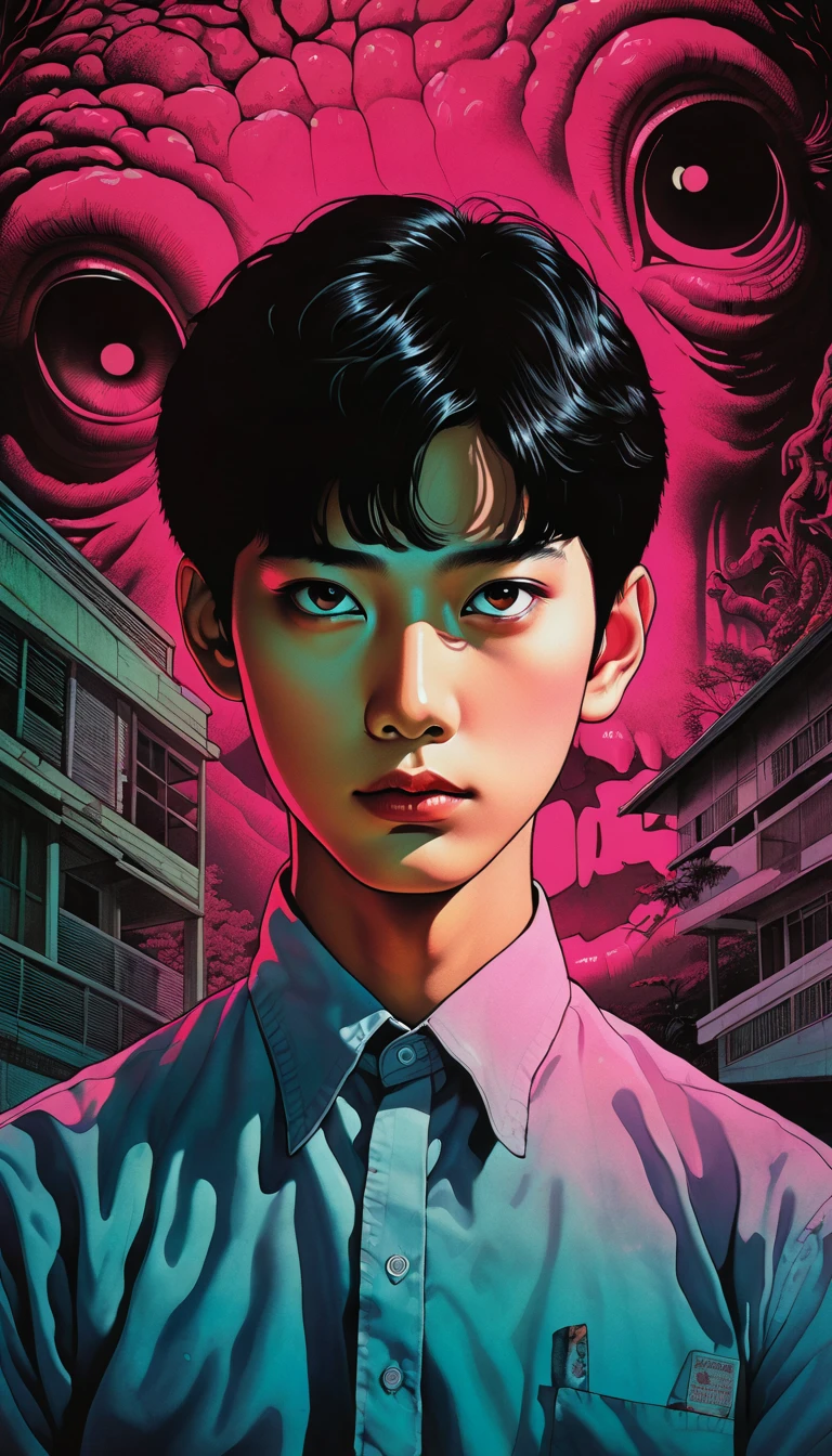 An illustration、art、80s Thai horror movie poster, Supervised by Junji Ito、(high **************:1.0)、library、Book、Attention to detail, Realistic Shadows、Analog Style, chromatic aberration, Surrealism、Complementary Gradient