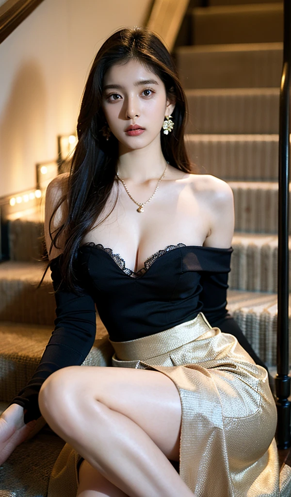  beautiful woman sitting on stairs 、lace off shoulder 、 thin black pantyhose、 long skirt with slits、
 high definition , masterpiece,  textured skin,  Ultra High Definition,  best quality, 
8k、4K、 Necklaces 、 bracelets staring at the viewer、earring
beautiful skin 、Beautiful breasts、 cleavage、Soft lighting、gravure
sexy pose
