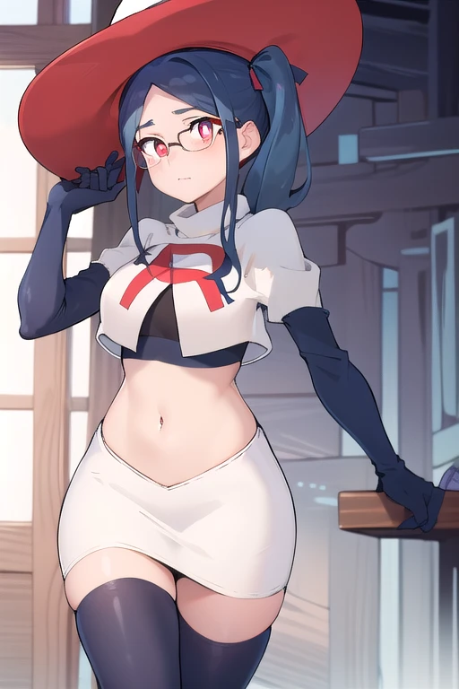 ((best quality)), ((highly detailed)), masterpiece, absurdres, (detailed eyes, deep eyes), (1girl), urca, blue hair, side ponytail, red eyes, white pupils, glasses, breasts, witch hat, team rocket,team rocket uniform,white skirt,red letter R,crop top,black thigh-highs,black elbow gloves,