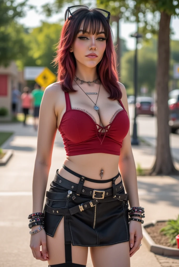 kat, goth girl, egirl, slut, slutty, 1girl, solo, jewelry, necklace, navel, breasts, midriff, realistic, outdoors, belt, selfie, crop top, microskirt, extremely short skirt.
The image is a high-resolution photograph of a young woman standing outdoors on a sunny day. She has a light skin tone and long, voluminous hair with auburn roots and dark brown ends, styled in a messy, tousled look with bangs. She has prominent facial features, including a septum piercing, a nose ring, and a lip ring. Her makeup is bold, featuring dark eyeliner and mascara, and she has a subtle highlight on her cheeks.