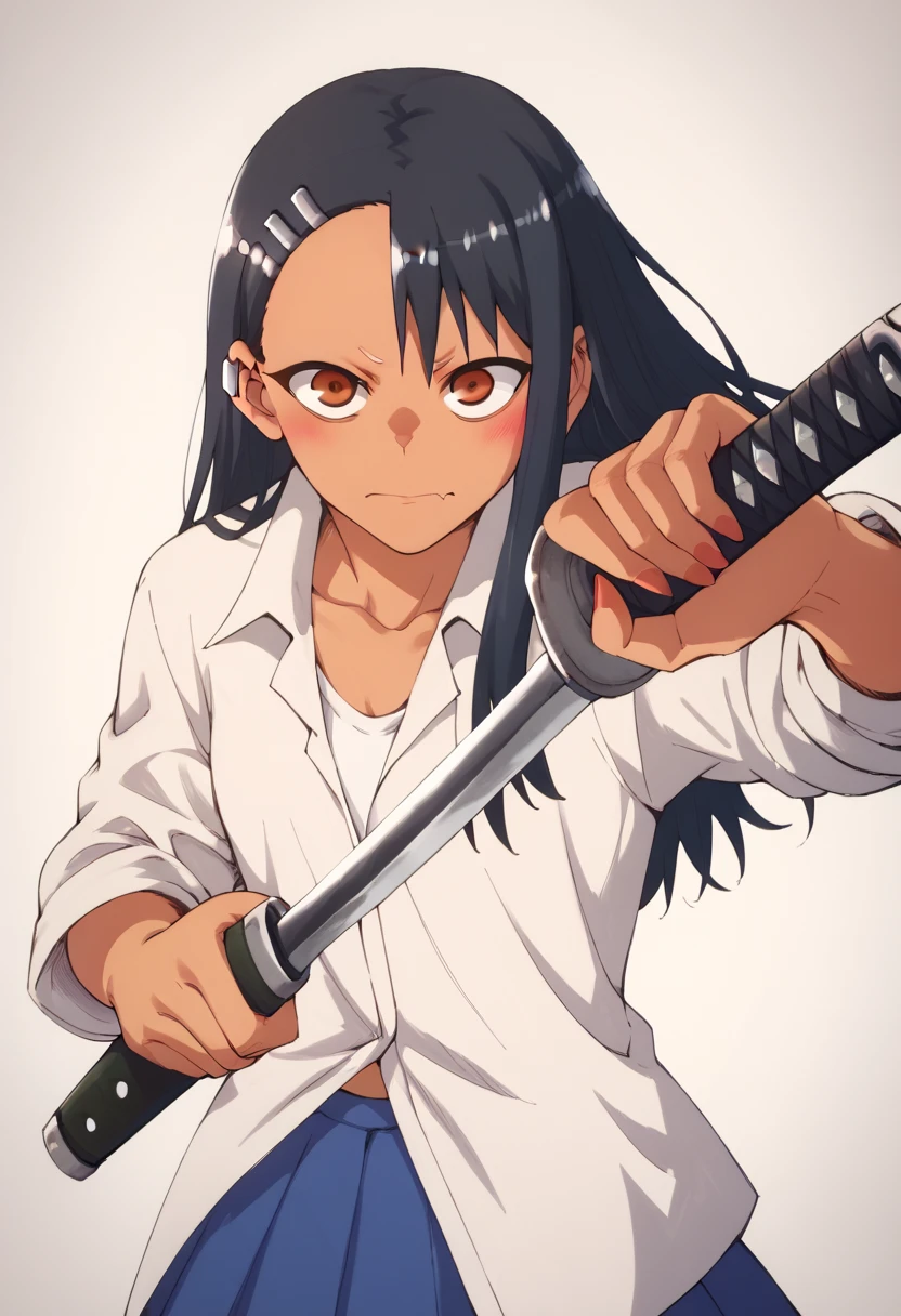 Nagatoro: holding a knife, with an evil face , usando uma saia curta, pose de ataca 