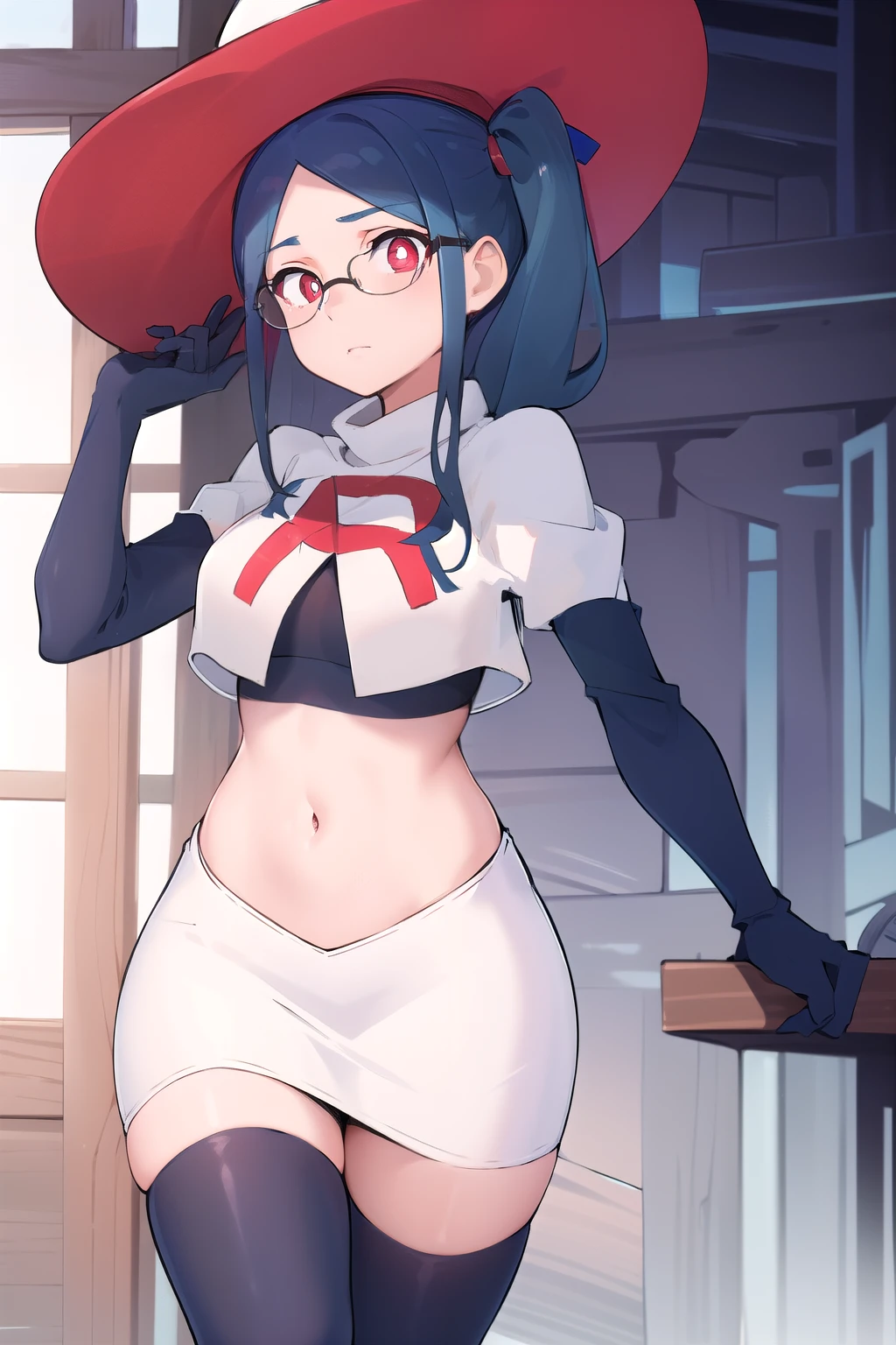 ((best quality)), ((highly detailed)), masterpiece, absurdres, (detailed eyes, deep eyes), (1girl), urca, blue hair, side ponytail, red eyes, white pupils, glasses, breasts, witch hat, team rocket,team rocket uniform,white skirt,red letter R,crop top,black thigh-highs,black elbow gloves,