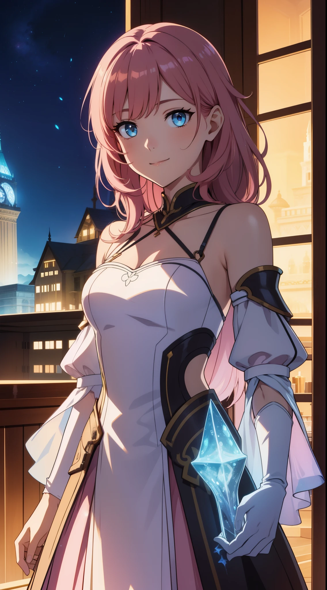 (high-quality, breathtaking),(expressive eyes, perfect face) Symmetrical Eyes, portrait, 1girl, pink and brown hair color, multicolored hair, yellow highlights, bright blue eyes, blue and white clothiing, black curly hair, wavy hair, bare shoulders, smiling, fantasy armor, gauntlets, gloved hands, Neopolitan RWBY, detached sleeves, long hair length, black shawl, bioluminescent dress