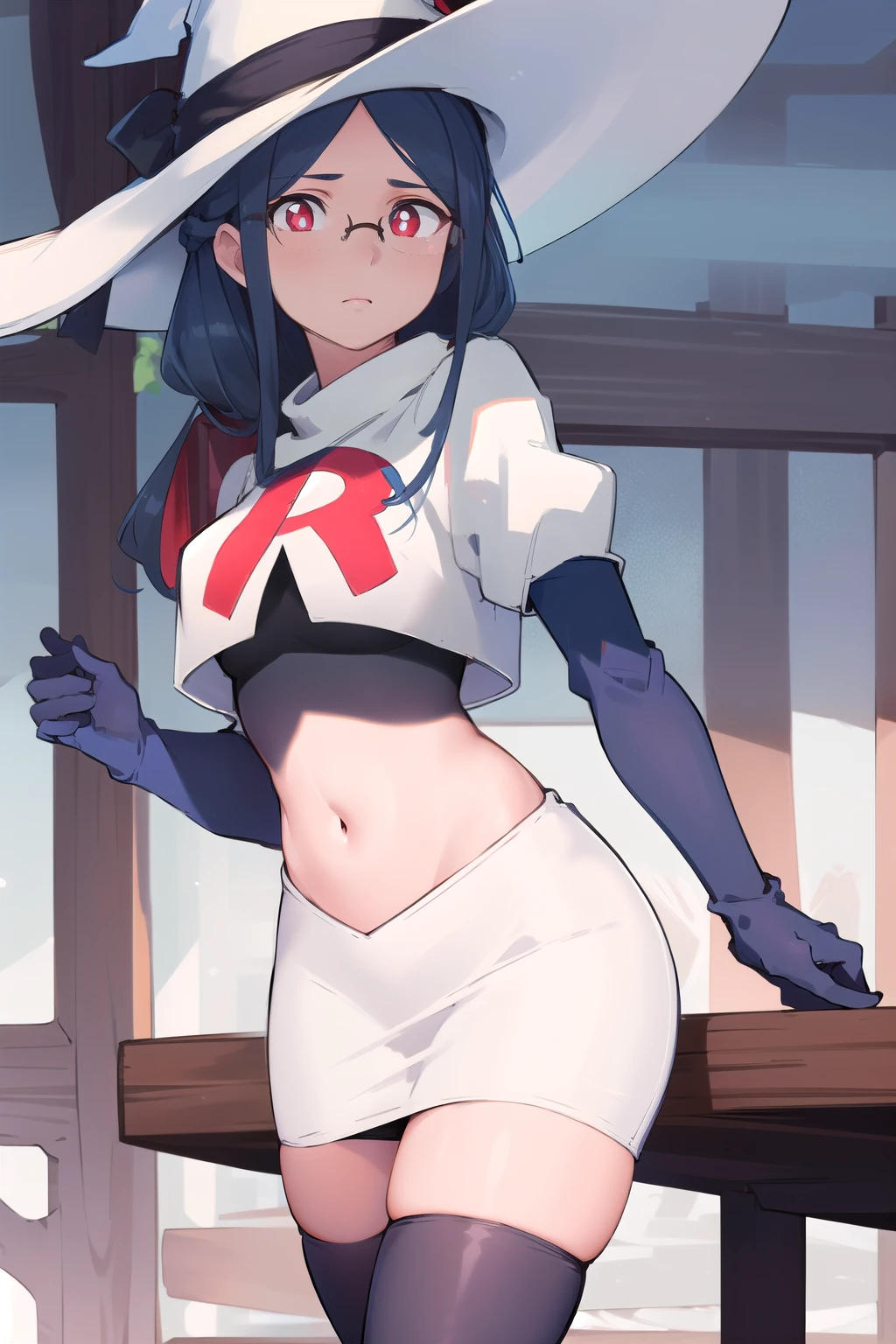 ((best quality)), ((highly detailed)), masterpiece, absurdres, (detailed eyes, deep eyes), (1girl), urca, blue hair, side ponytail, red eyes, white pupils, glasses, breasts, witch hat, team rocket,team rocket uniform,white skirt,red letter R,crop top,black thigh-highs,black elbow gloves,