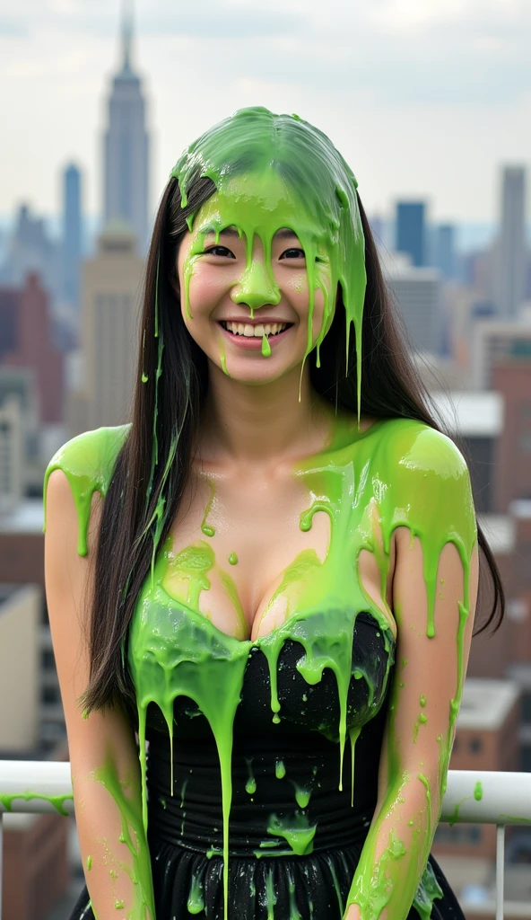 Photograph of typical Asian girl covered in dripping green custard. Wearing strapless black dress. f/1.4 aperture. hyper-realistic style. (Asian girl: 1.1). black hair. Slime. Telephoto lens. 8k. Masterpiece. New York city in background.