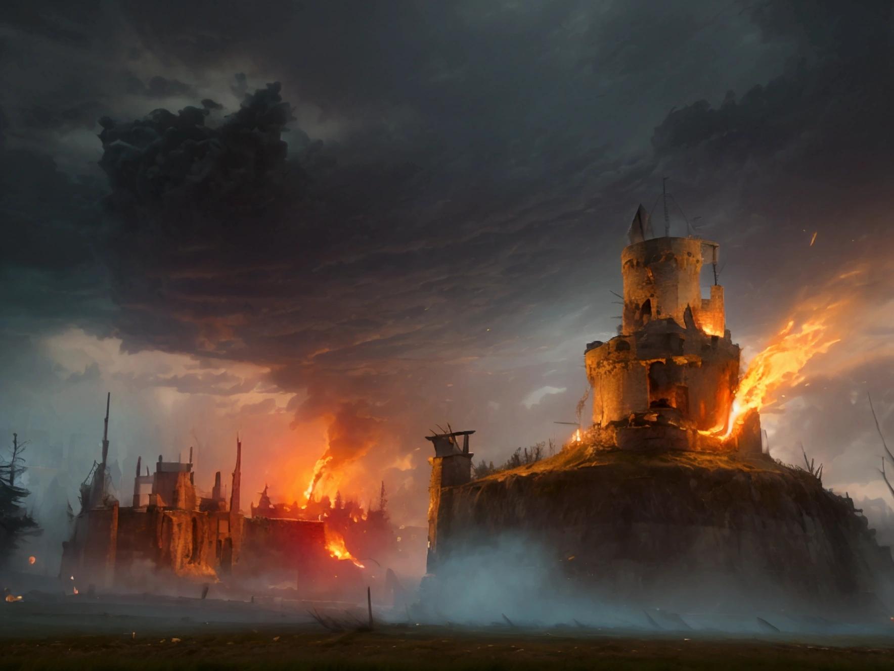 "A brutal medieval siege at night, storm clouds loom over a towering castle surrounded by dark forests. Flaming arrows rain down, illuminating the battlefield with bursts of light. Soldiers with battle-worn armor scale ladders, while siege engines fire flaming projectiles. Smoke and fire mix with heavy rain, creating a gritty and chaotic scene. (photorealistic, cinematic, dark and stormy lighting, high detail, ultra-sharp, gritty atmosphere)."