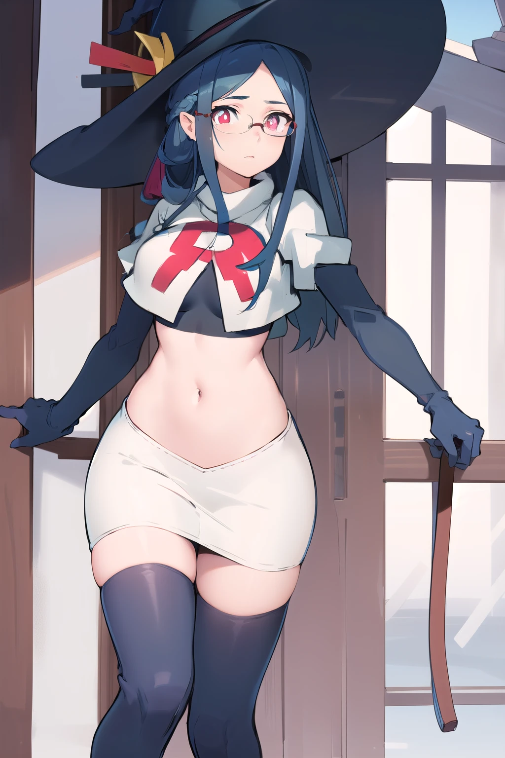 ((best quality)), ((highly detailed)), masterpiece, absurdres, (detailed eyes, deep eyes), (1girl), urca, blue hair, side ponytail, red eyes, white pupils, glasses, breasts, witch hat, team rocket,team rocket uniform,white skirt,red letter R,crop top,black thigh-highs,black elbow gloves,