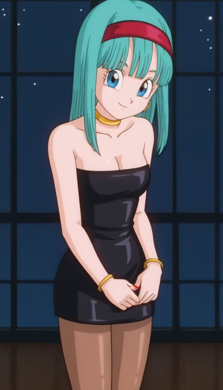 source_anime, score_9, score_8_up, score_7_up, anime screencap, bulla, long hair, straight hair, aqua hair, blue eyes, looking at viewer, red hairband, closed mouth, bangs, bare shoulders, 1girl, solo, a seductive smile, medium breast, a seductive smile, mouth closed, short black leather bodycon dress, strapless, sexy, sexual arousal, cleavage, necklace, red nails, dance floor, night club, smile, looking at viewers, cowboy shot, indoors, disco lighting, brown pantyhose,