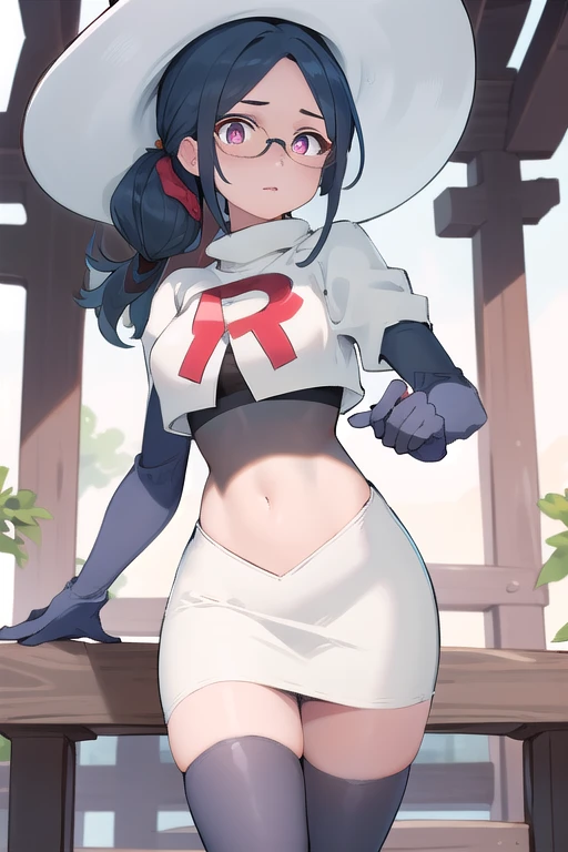 ((best quality)), ((highly detailed)), masterpiece, absurdres, (detailed eyes, deep eyes), (1girl), urca, blue hair, side ponytail, red eyes, white pupils, glasses, breasts, witch hat, team rocket,team rocket uniform,white skirt,red letter R,crop top,black thigh-highs,black elbow gloves,