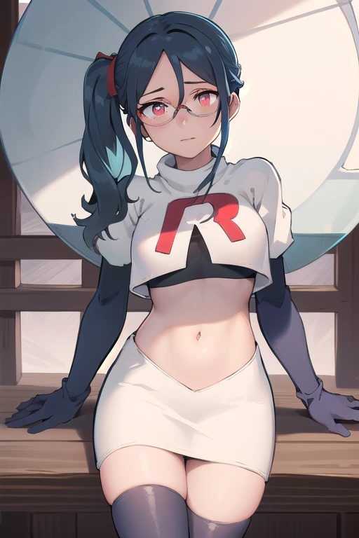 ((best quality)), ((highly detailed)), masterpiece, absurdres, (detailed eyes, deep eyes), (1girl), urca, blue hair, side ponytail, red eyes, white pupils, glasses, breasts, witch hat, team rocket,team rocket uniform,white skirt,red letter R,crop top,black thigh-highs,black elbow gloves,