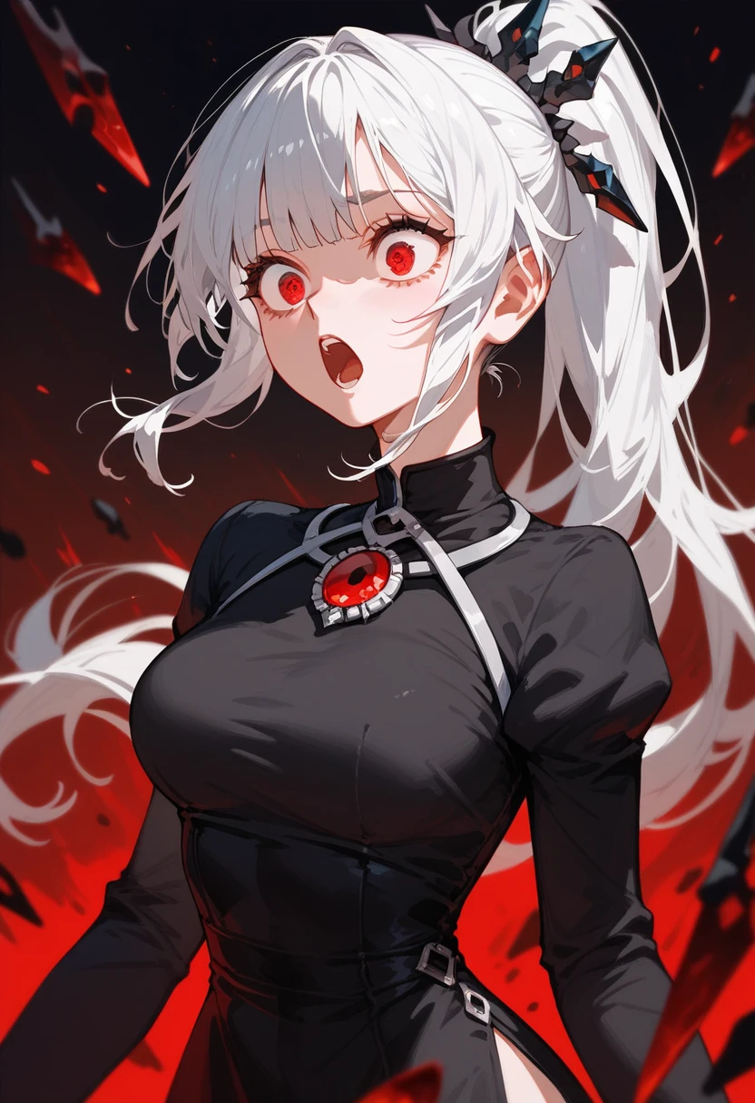 girl,White hair, Ponytail, in red eyes , Black Long Sleeve Shirt, medium breasts,Shock Face , Black Eyelet , Yandre ,mental disorder,plain dress ,