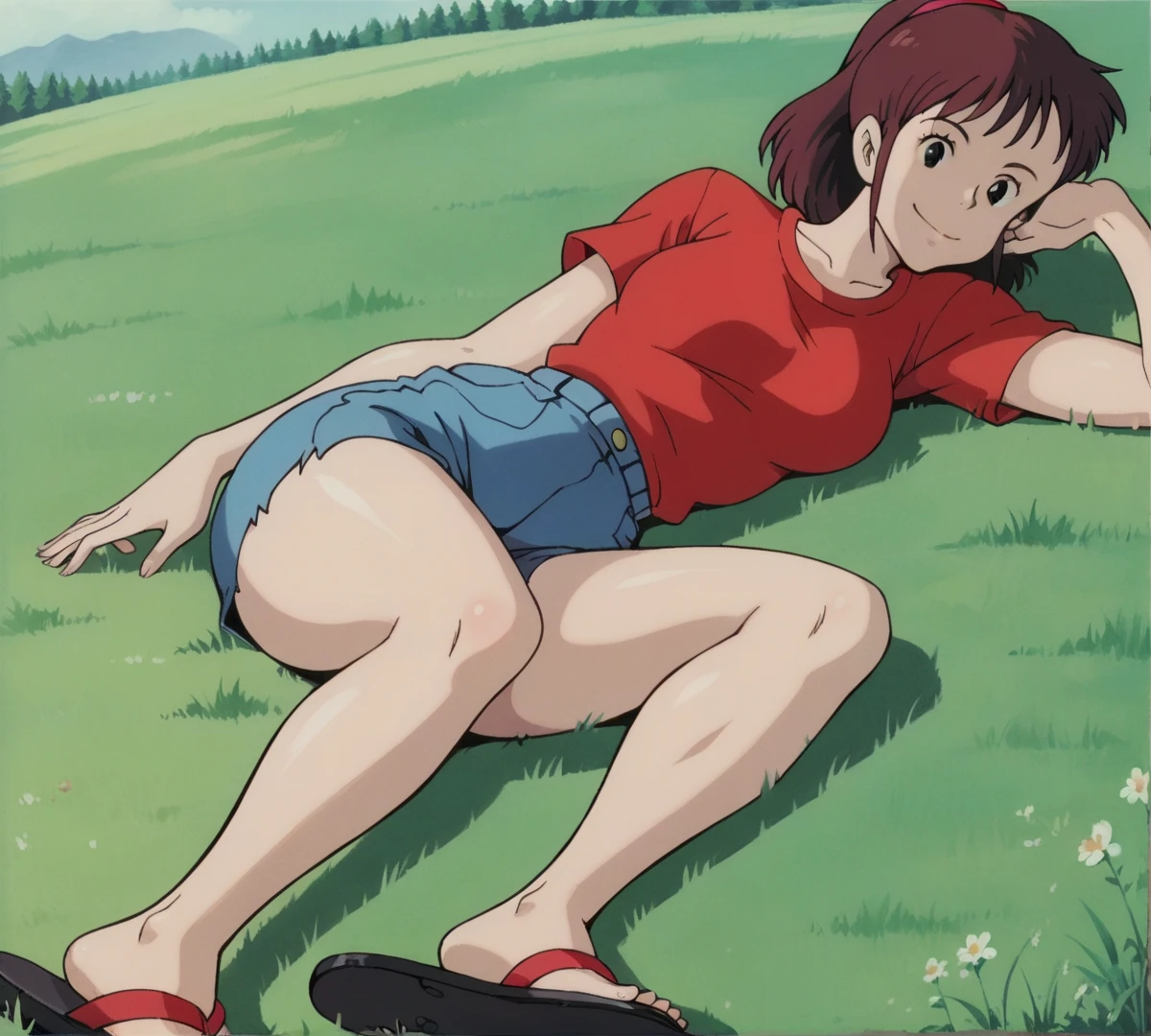 Ursula,  black eyes, zPDXL,  best quality ,  incredible quality, score 9, 1 , red shirt, t-shirt,  outdoor, field, lying down,  Looking at the viewer, smile, blink, Retro style, Ghibli, tight jean shorts, short shorts,  thick thighs , sandal