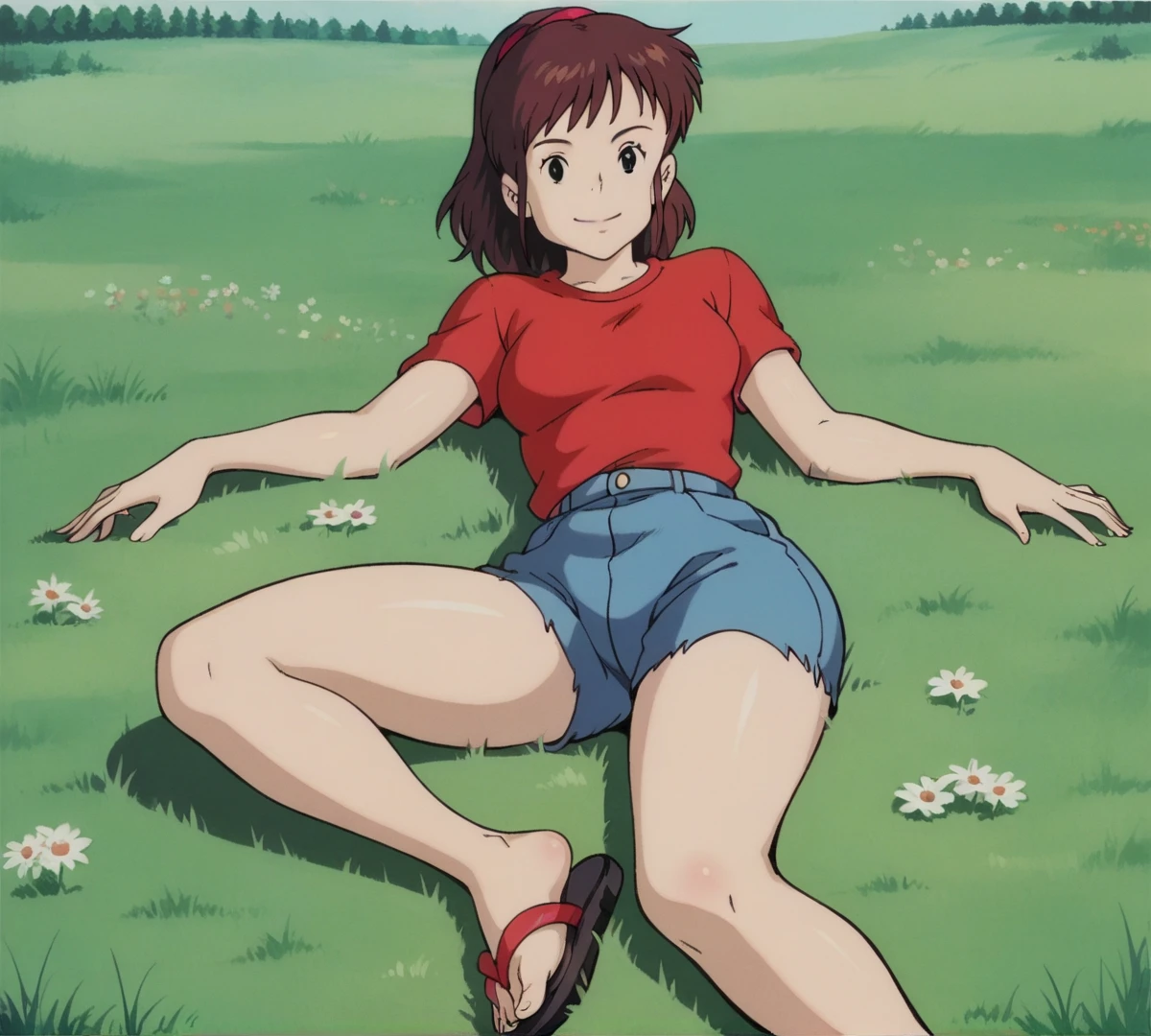 Ursula,  black eyes, zPDXL,  best quality ,  incredible quality, score 9, 1 , red shirt, t-shirt,  outdoor, field, lying down,  Looking at the viewer, smile, blink, Retro style, Ghibli, tight jean shorts, short shorts,  thick thighs , sandal