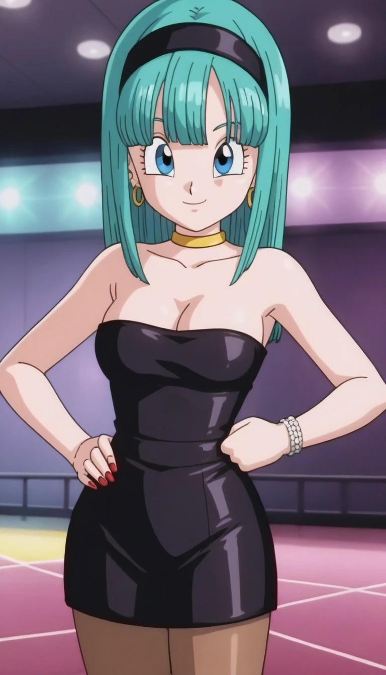 source_anime, score_9, score_8_up, score_7_up, anime screencap, bulla, long hair, straight hair, aqua hair, blue eyes, looking at viewer, red hairband, closed mouth, bangs, bare shoulders, 1girl, solo, a seductive smile, medium breast, a seductive smile, mouth closed, short black leather bodycon dress, strapless, sexy, sexual arousal, cleavage, necklace, red nails, dance floor, night club, smile, looking at viewers, cowboy shot, indoors, disco lighting, brown pantyhose, One hand on hip, 