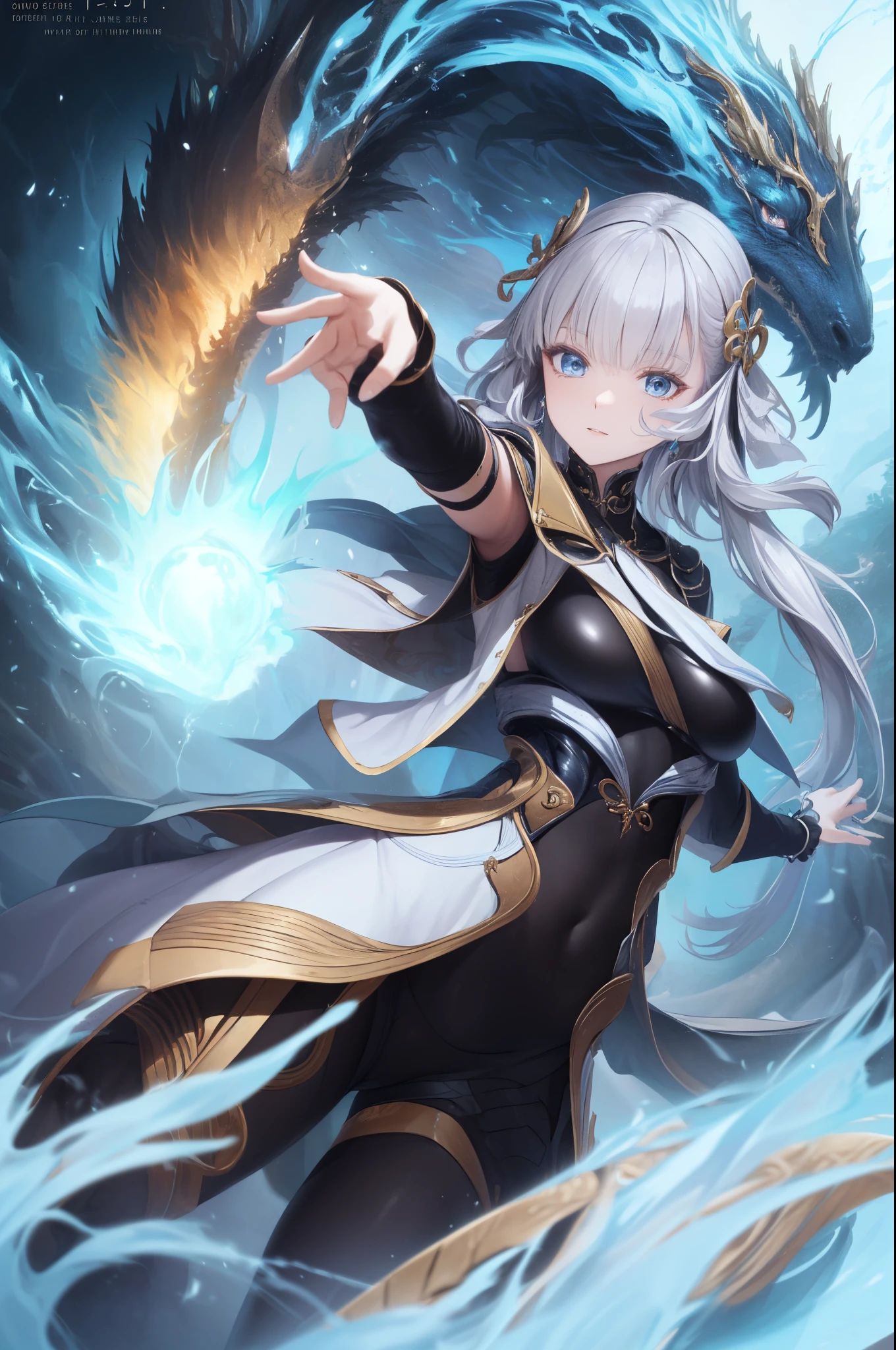 ( Best Quality ,4K,8k, high resolution ,masterpiece:1.2), extremely detailed,Mature Woman,, magic ,Charm,joy, Holy Goddess , magic al effect,Silver Hair, blue eyes,One-piece rubber suit，boots，Thunder and Lightning，dragon，fighting