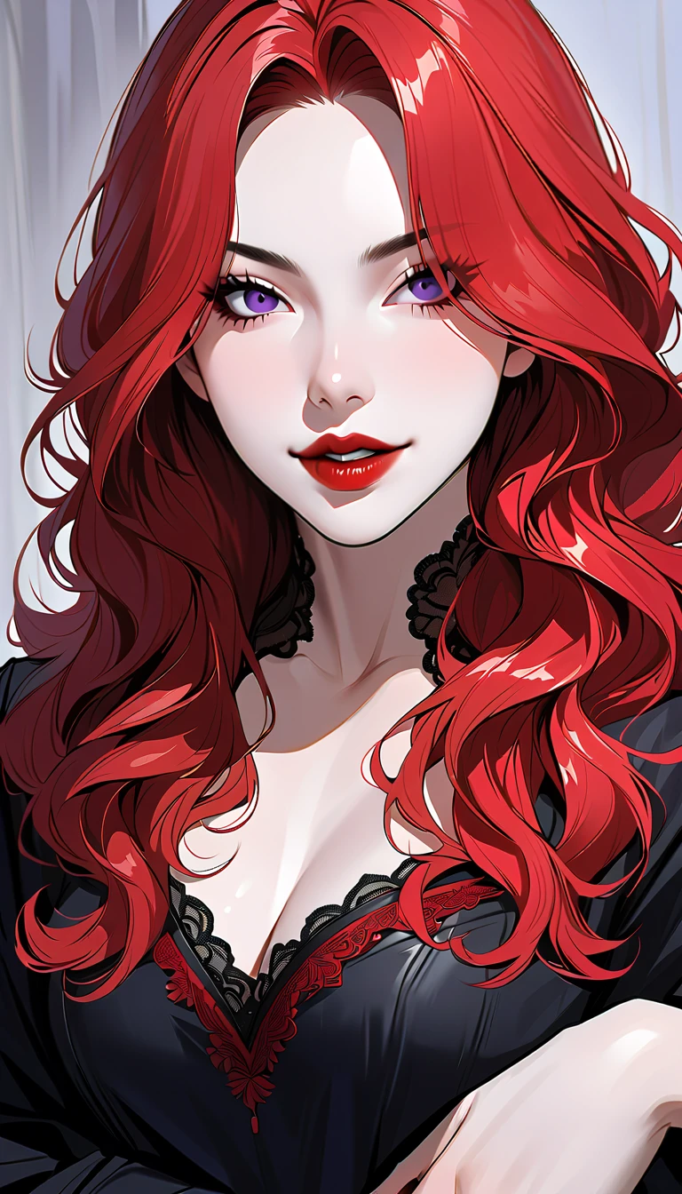 mature and beautiful woman, The best quality , Extremely detailed representation, Incredibly absurd high definition ,Anatomically accurate,detailed pupil,porcelain skin,head of the mafia,Villain, A medieval setting , With beautiful red hair sexy black skirt,medias negras,  with high heels ,Luxury accessories,eyelash, purple eyes,crazy eyes, squinting eyes :1.5,mischievous smile:1.5,  bright red lips , cuerpo entero, Seductive gestures 