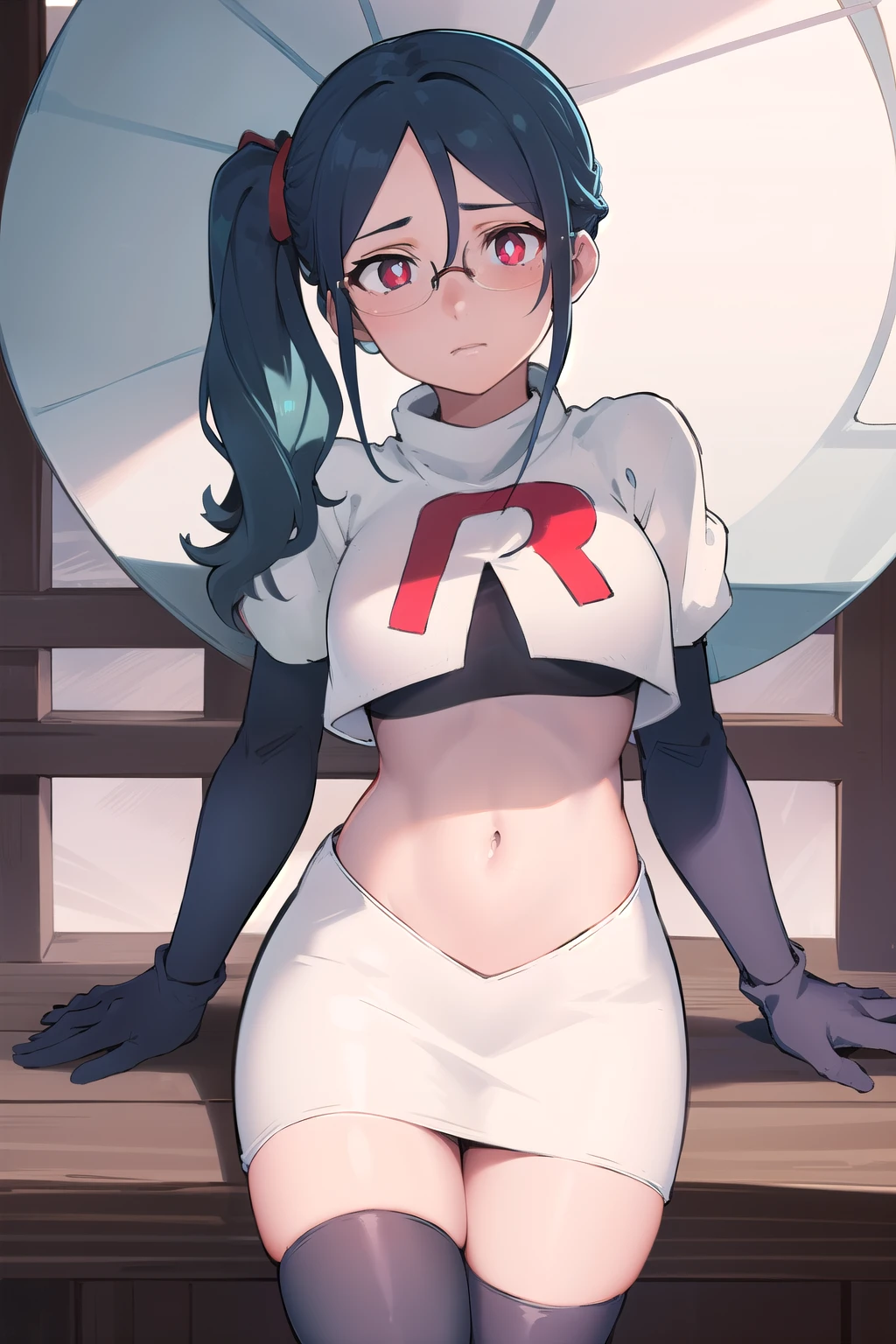 ((best quality)), ((highly detailed)), masterpiece, absurdres, (detailed eyes, deep eyes), (1girl), urca, blue hair, side ponytail, red eyes, white pupils, glasses, breasts, witch hat, team rocket,team rocket uniform,white skirt,red letter R,crop top,black thigh-highs,black elbow gloves,