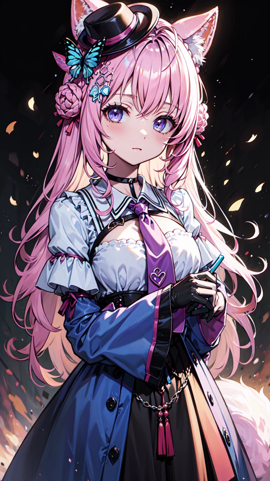      alone ，    pink hair      ,    pale   ,  Butterfly,    purple eyes     ,  Butterfly装饰 的女人，  black gloves  ，  Modern Outfits，shirt，secondary outfit  ，Gel Coat，， And with black decoration    ,    The impact of the black decoration    , Golden ribbon,      is decorated with dark blue flowers and width    , Long gown，The little hat  ，原神冲击