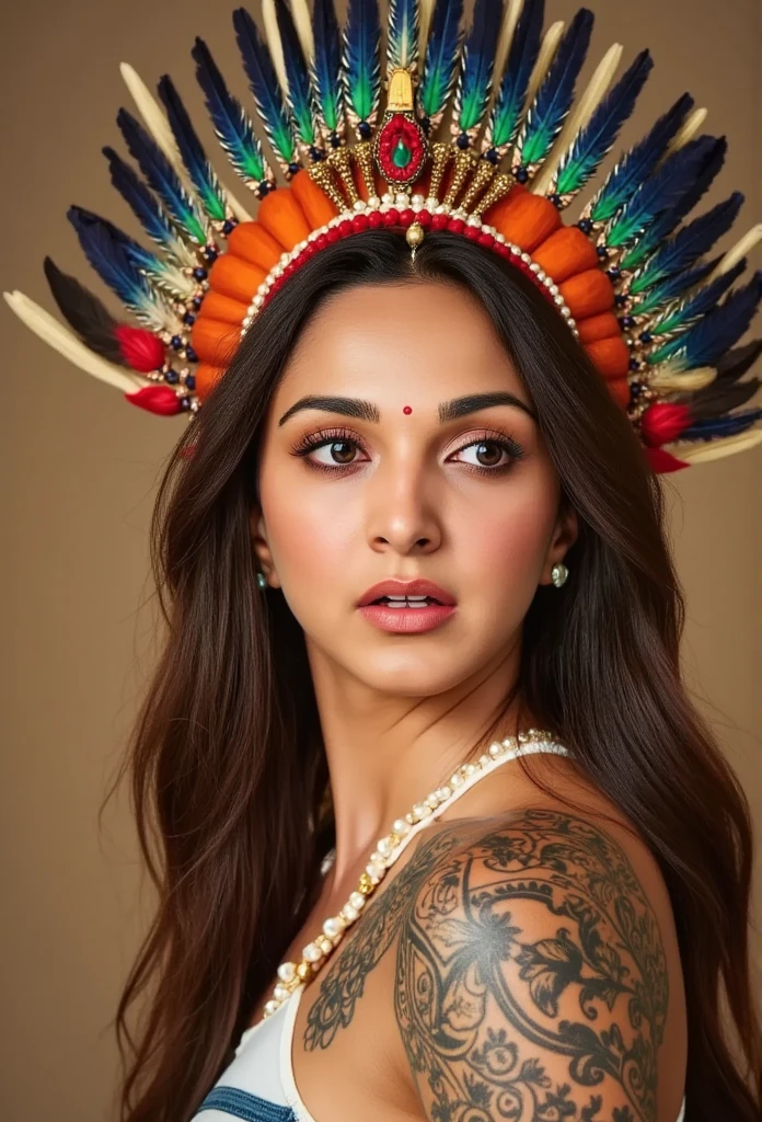 , Foto RAW: (pele altamente detalhada: 1.2), 8k UHD, DSLR, soft-lighting, alta qualidade, film grain, tribal girl, skin texture, skin pores, stunning looks, tribal headdress, tattoos, colorful tribal tattoos, tribal white girl, Polynesian tribe, best quality, best cinematic color grading, detailed lighting, high resolution, Fujifilm XT3