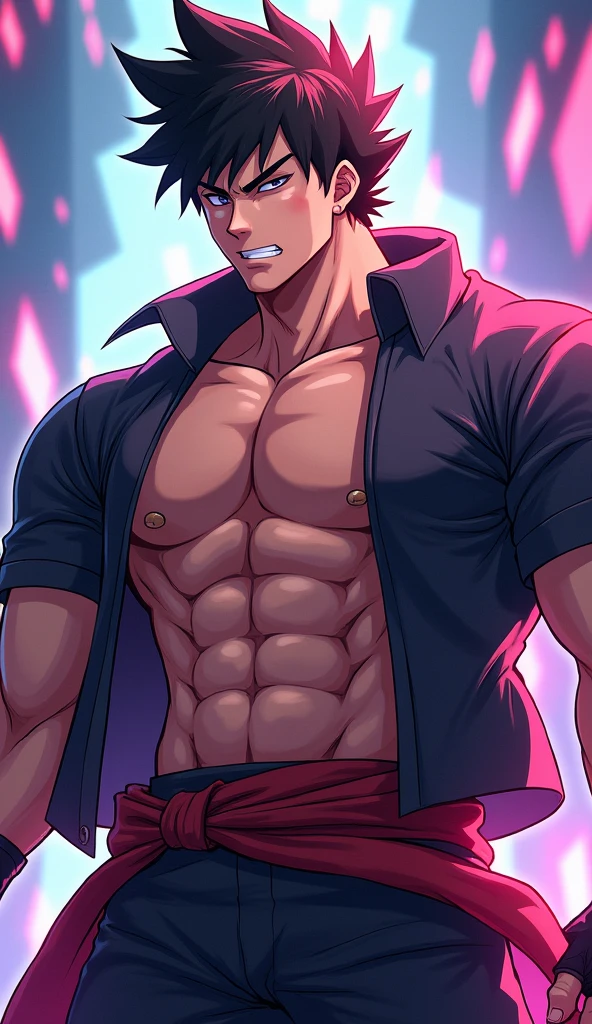 Shirtless anime guy with black hair and 6 pack abs. He also has a red vest thrown over him.