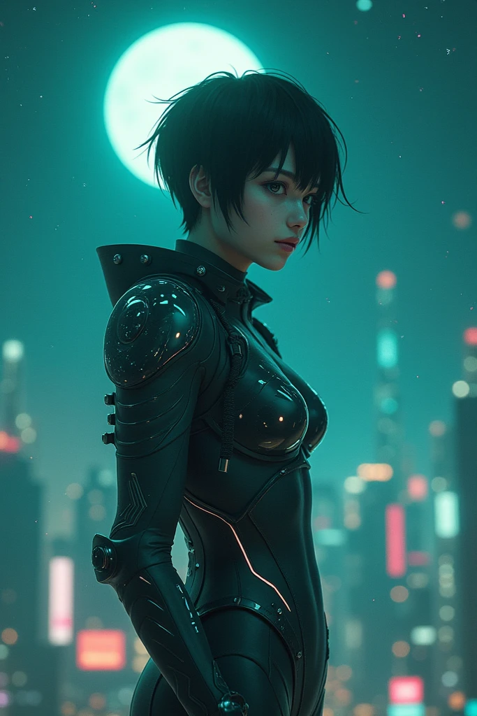 Short black hair, beautiful, woman, two robot arms, black outfit, cyberpunk theme