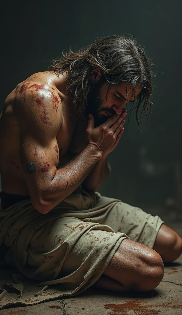 angry man, with fury, punching the ground, shouting with voice, stained with blood on the long white robes, with knees on the floor, long brown hair, long beard, completely white clothes, disciple of Jesus.