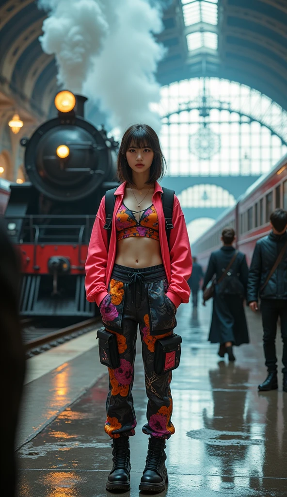 ultra-realistic, photorealistic, dramatic scene, shadow, global-illumination, solo, (20 years old Japanese famous idol girl:1.5), very beautiful fragile Japanese girl, very beautiful with very cute face, (modern maid, detailed face skin texture:1.2), (wearing a neon colored cyber punk outfit, printed crop top tee with sporty jacket, hot pants, backpack, professional rugged outdoor long boots:1.2), She is standing at the terminal train station, in front of the largest steam locomotive for international train, latest diesel locomotive is parked on the next platform, gorgeous international night train, antique decorated train station, there are Medieval Dressed many travelers